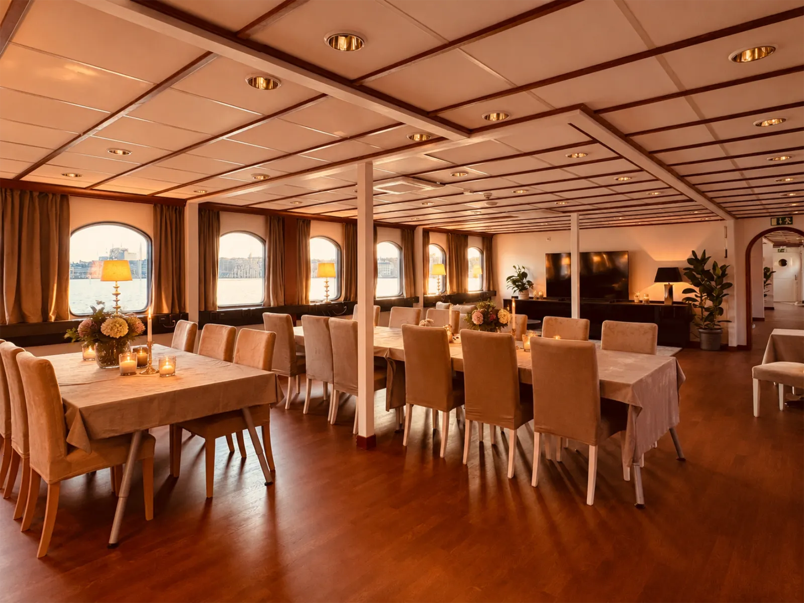 The event room set for dinner