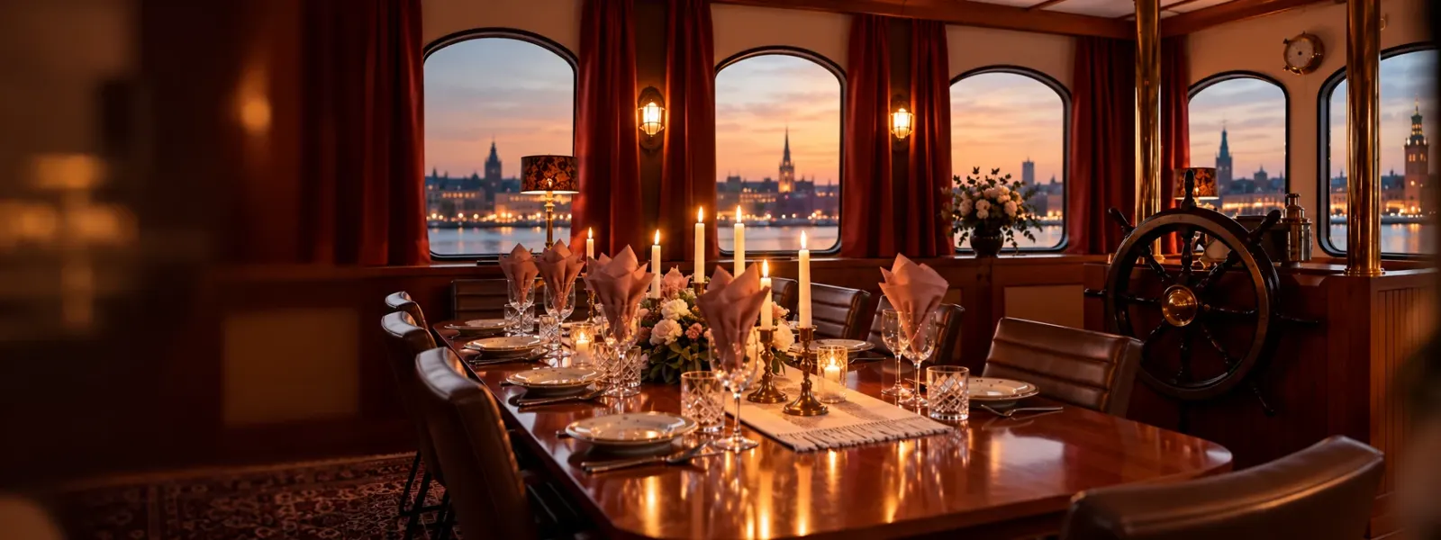Table set for dinner in the wheelhouse with a sunset view over Stockholm